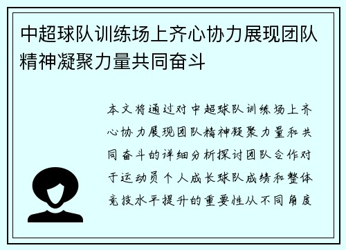 中超球队训练场上齐心协力展现团队精神凝聚力量共同奋斗
