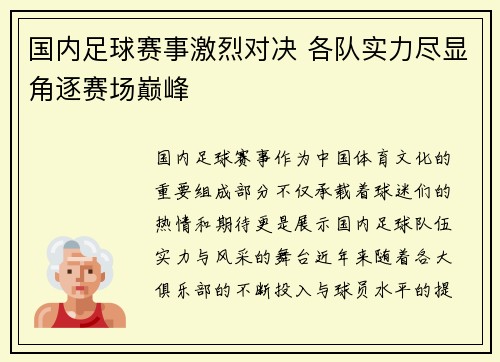 国内足球赛事激烈对决 各队实力尽显角逐赛场巅峰