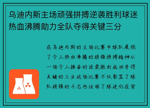 乌迪内斯主场顽强拼搏逆袭胜利球迷热血沸腾助力全队夺得关键三分