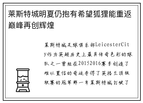 莱斯特城明夏仍抱有希望狐狸能重返巅峰再创辉煌